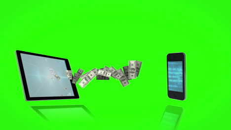 Money-coming-out-of-a-tablet-and-coming-in-a-smartphone-on-green-screen-background