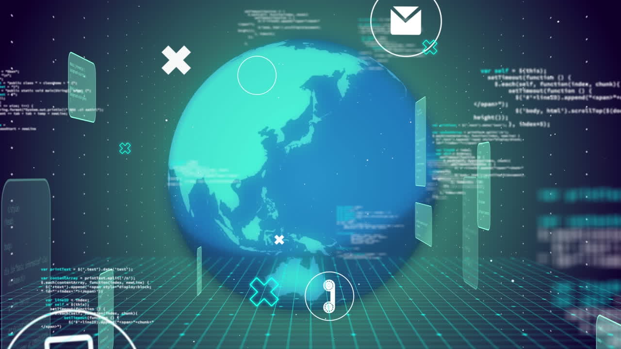 Animation of globe with icons and data processing