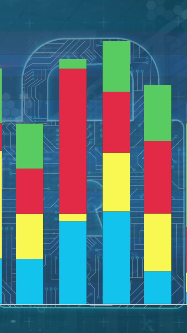 Animazione di elaborazione dati su lucchetto digitale su sfondo blu.