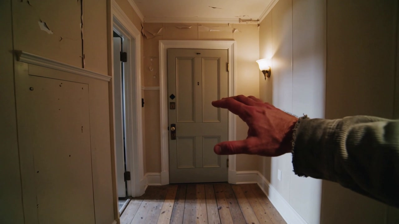 Approaching hand gray sleeve reaching toward door lock in hallway, preparing to unlock, copy space