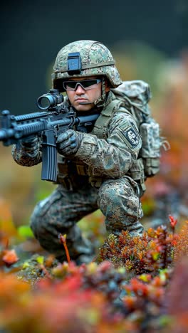 unique soldier figurine in action pose among colorful foliage