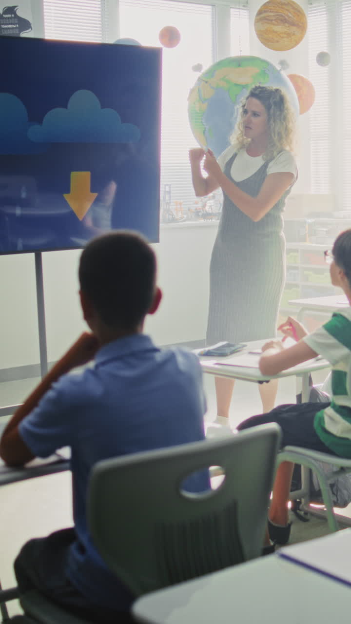 Geography Class Female Teacher Teaching Primary School Children Using Digital Screen