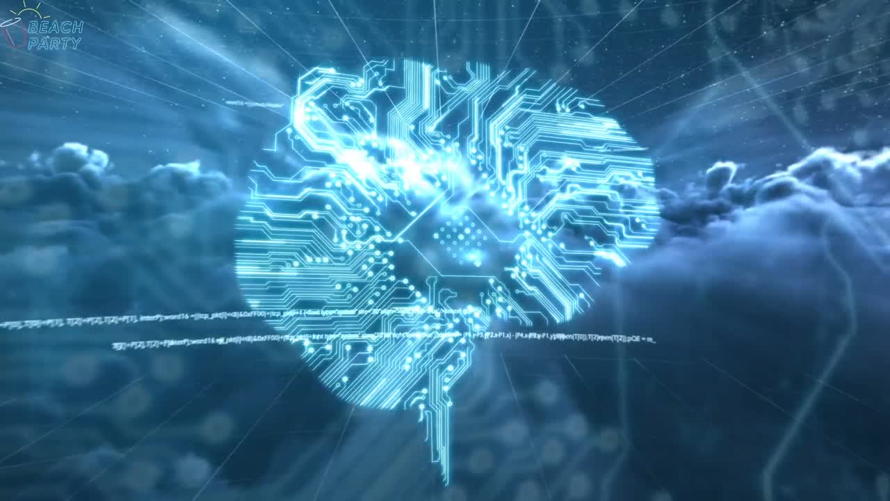 Animation of data processing and computer circuit board human brain over clouds