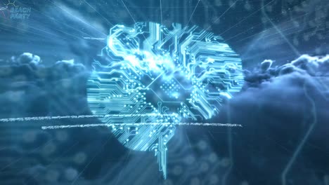 animación de procesamiento de datos y placa de circuito de computadora cerebro humano sobre nubes