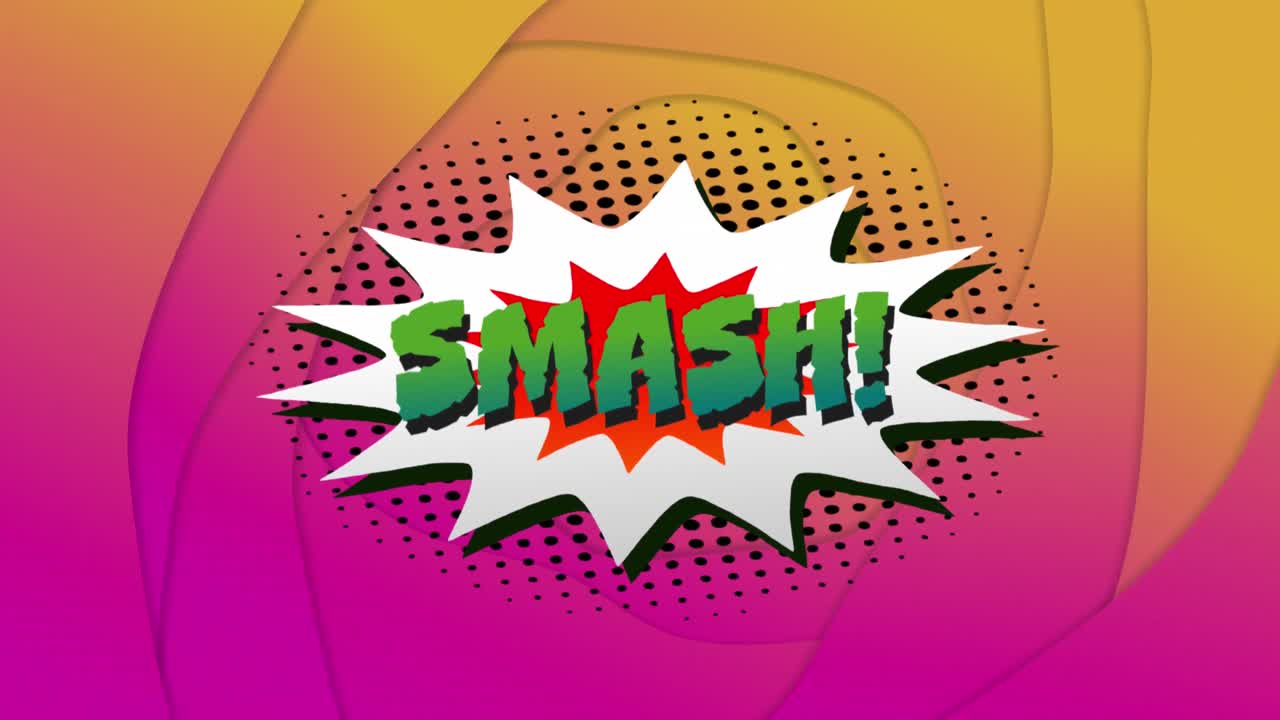 animación de texto smash en burbuja de habla retro y fondo con patrones.