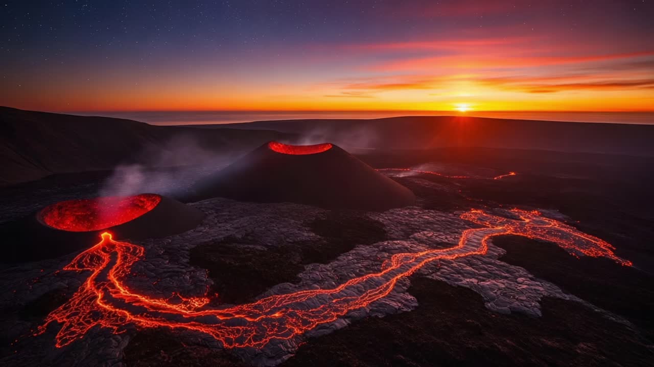 Stunning Lava Flow Illuminates the Night Sky as the Sun Sets Behind Majestic Volcanoes, Creating a Breathtaking Natural Landscape at Dusk