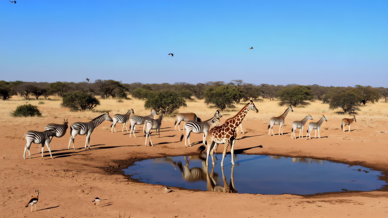 Giraffes and Zebras at a Waterhole in Africa