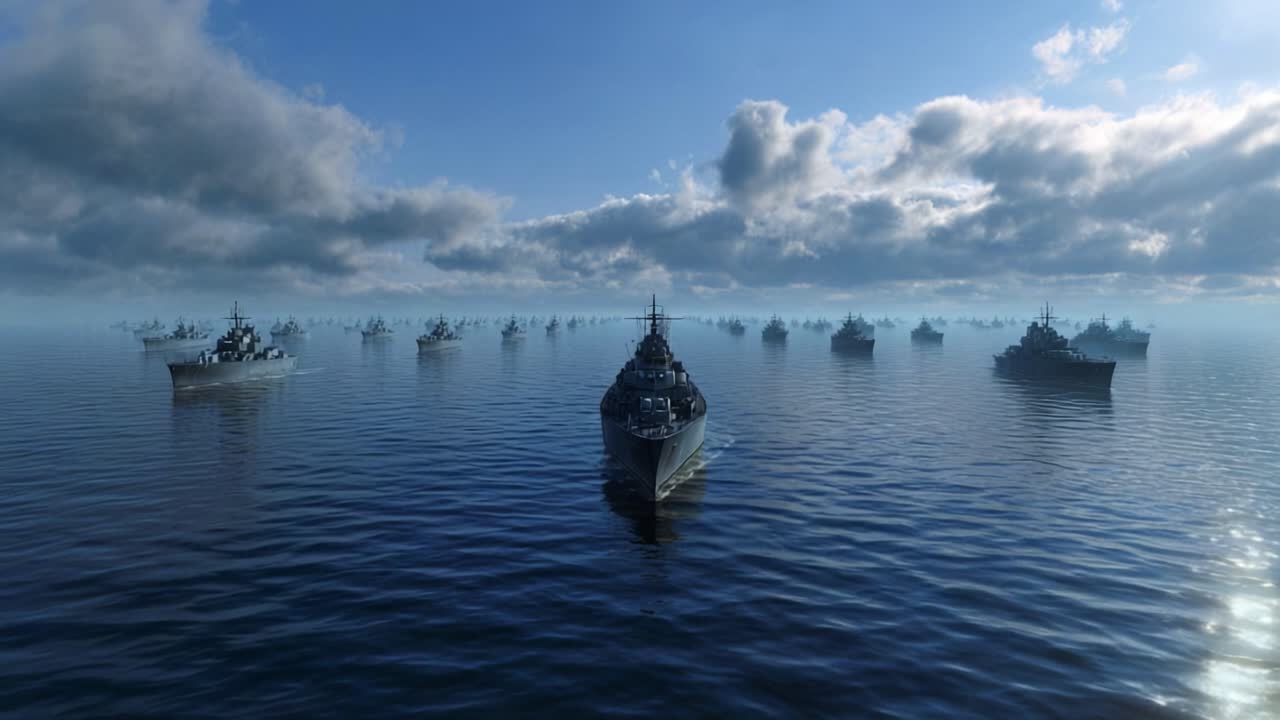 Flåde af krigsskibe sejler i formation over rolige havområder under delvist overskyet himmel. Skibene fremstår disciplinerede, tavse og forenede, hvilket indikerer militær beredskab eller en ceremoniel fremvisning.