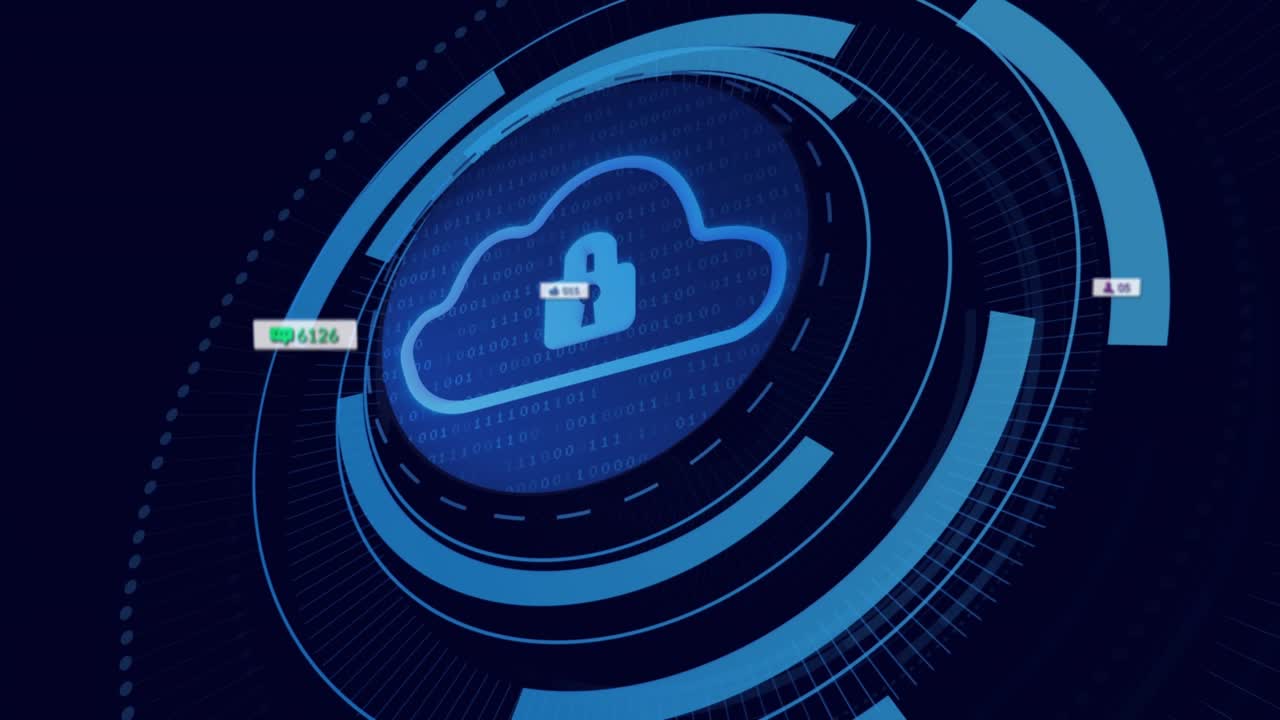 Cursor moving from dotted arc, cloud padlock rotating while badges orbiting to show security