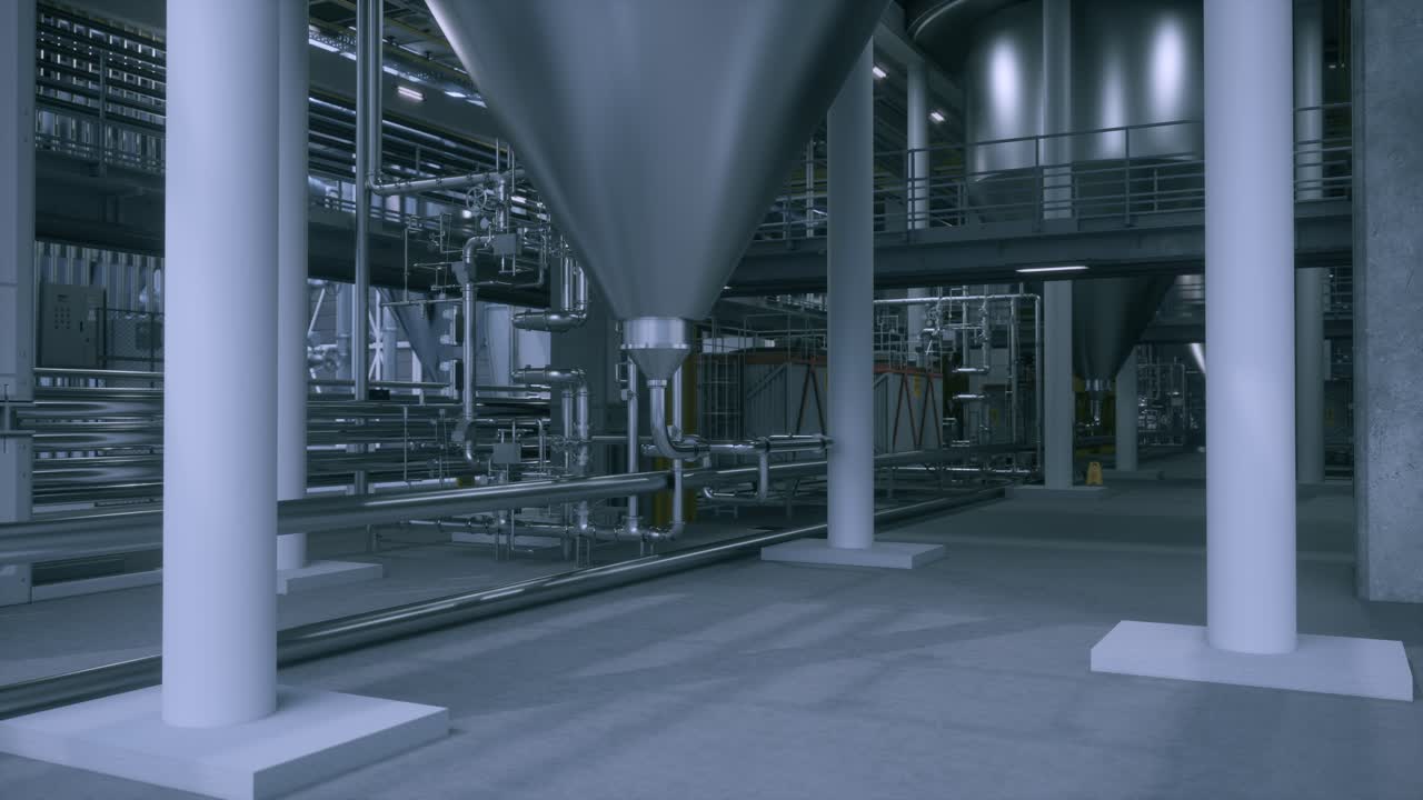 Industrial Fermentation Tanks And Piping In A Modern Brewery Or Chemical Plant