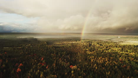 a rainbow over a fall forest in northern michigan, drone shot