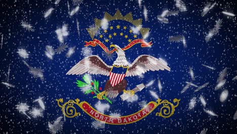 bandera de dakota del norte caída de nieve, año nuevo y fondo de navidad, bucle
