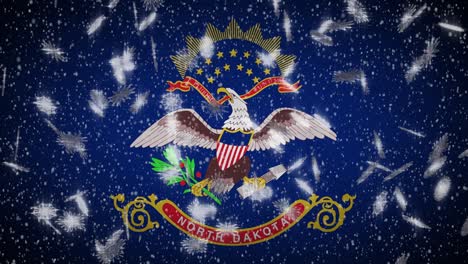 north dakota flag falling snow, new year and christmas background, loop