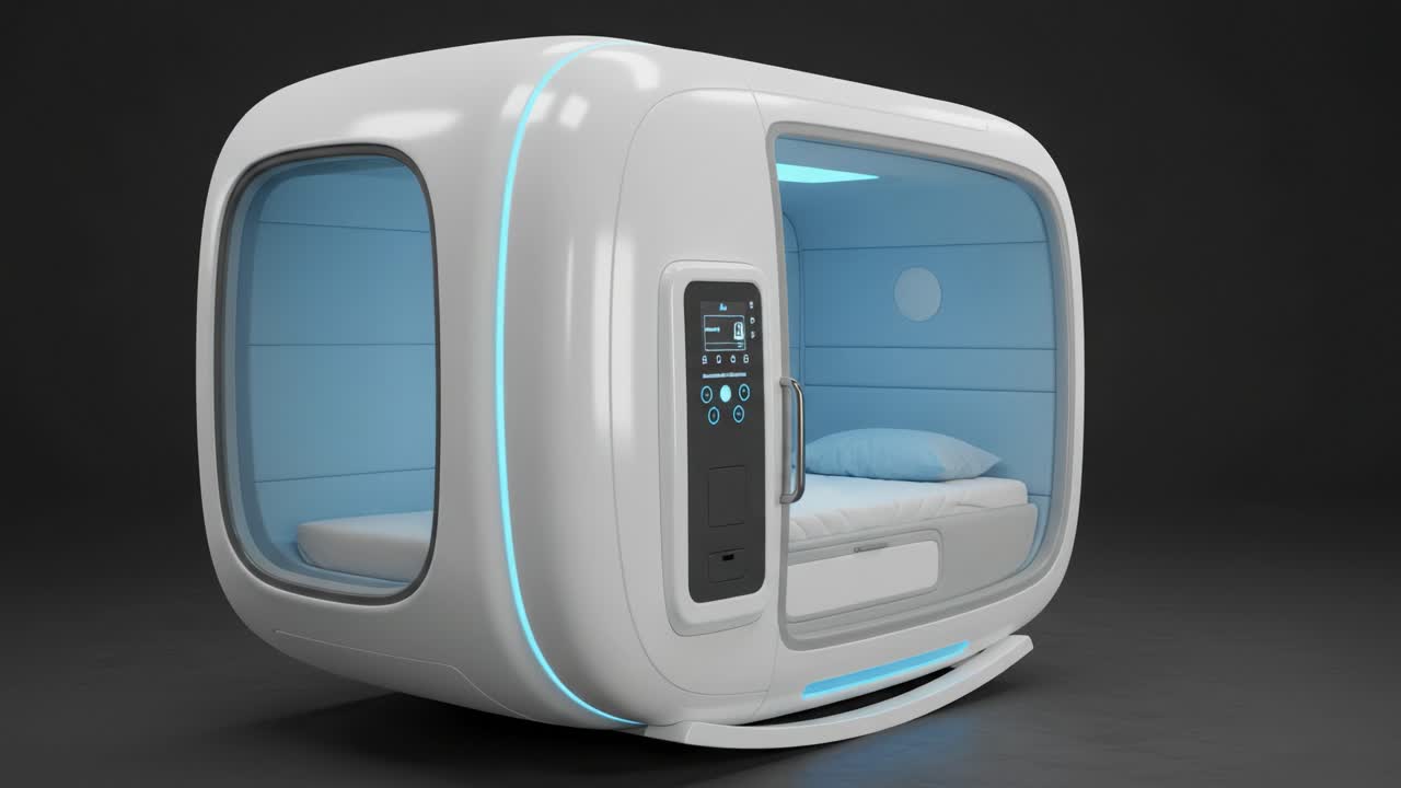 Innovative Pod Design: Sleek Sleeping Capsule with Futuristic Features, Ideal for Compact Living Spaces and Modern Urban Environments