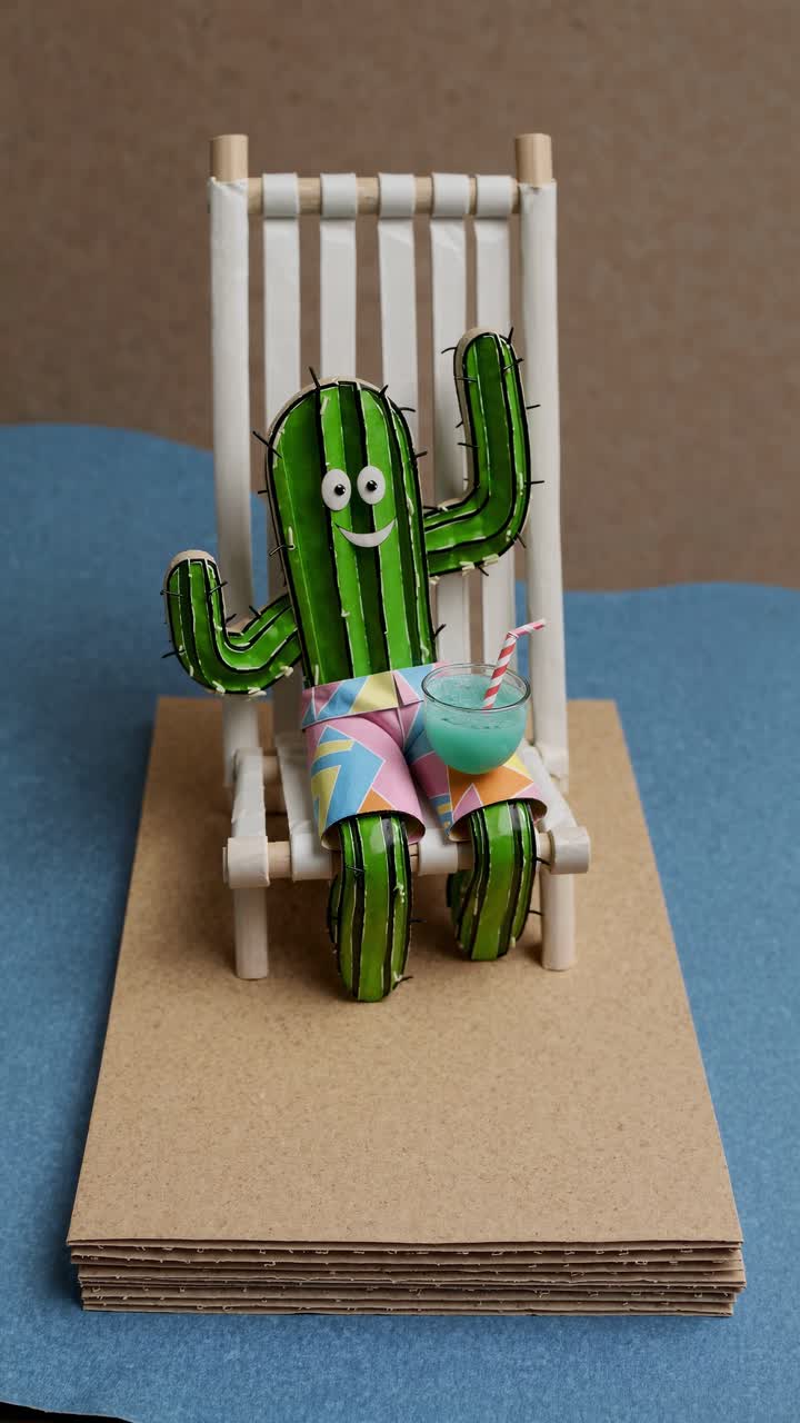 Funny handmade cactus character sitting on a miniature beach chair on a cardboard beach, holding a refreshing cocktail and enjoying summer vacation