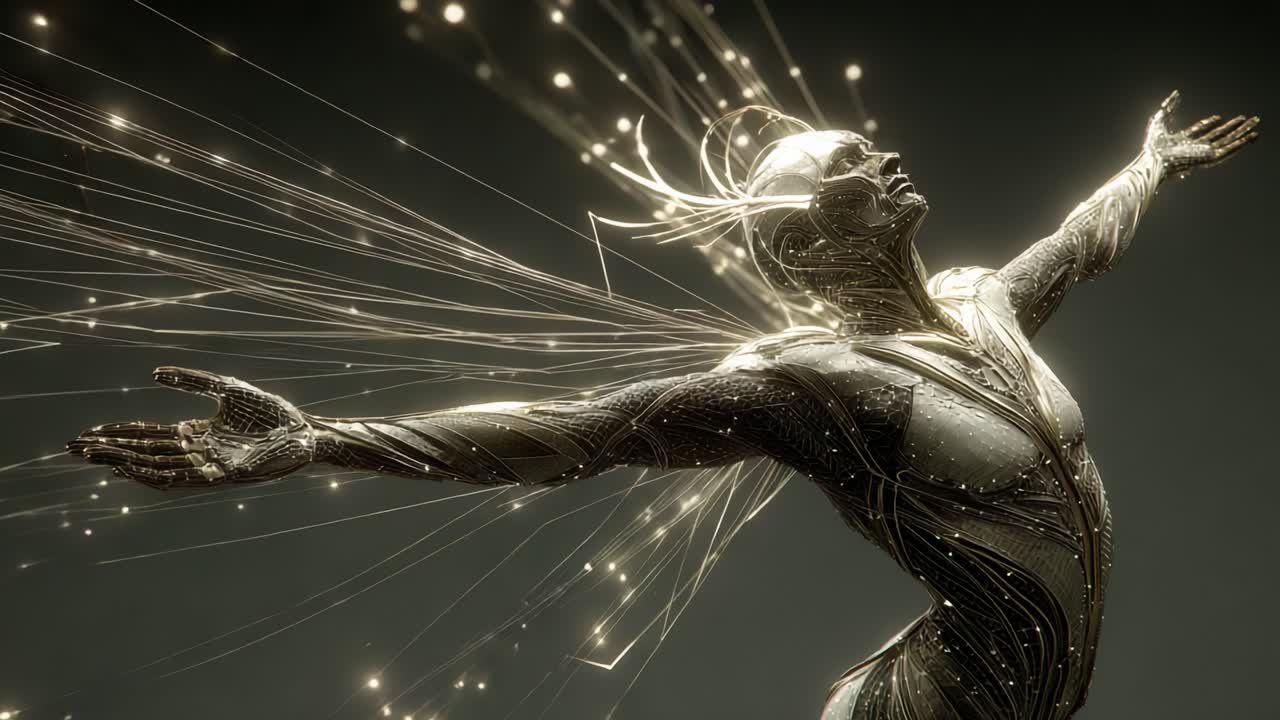 A Breathtaking Visualization of Energy and Freedom Captured in a Dynamic, Light-Bursting Pose as the Sculpted Figure Embraces Cosmic Vibes and Liberation