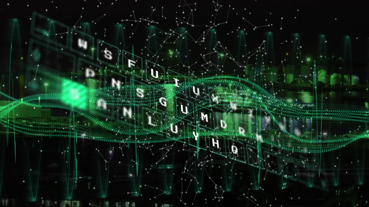 animación de letras y ondas verdes sobre fondo negro