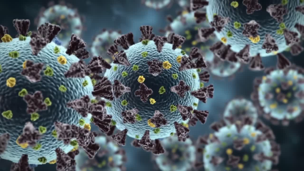 Intricate Close-Up View of Virus Particles Highlighting Structural Details and Complex Surface Features Under Microscopic Examination