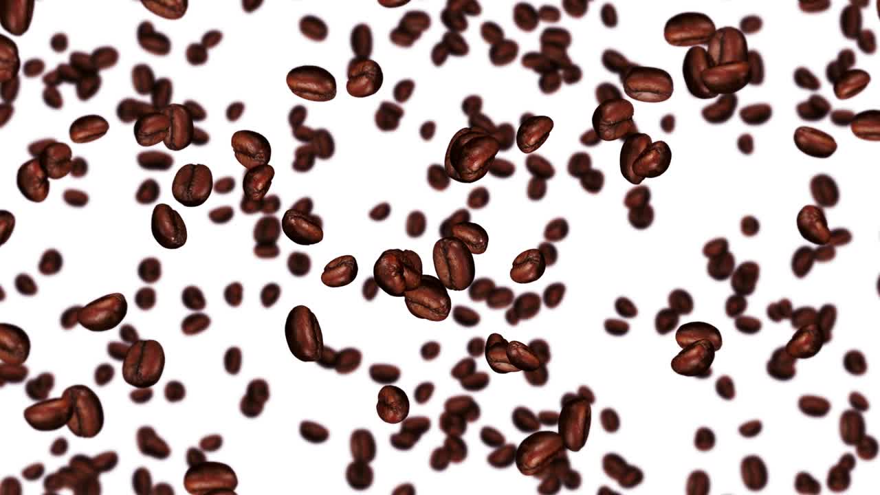 Molti chicchi di caffè che volano su sfondo bianco. Bevanda alla caffeina, Colazione, Aroma. Animazione 3D di chicchi di caffè tostati che ruotano. Animazione in loop