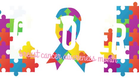 animation of breast cancer awareness month text over puzzle