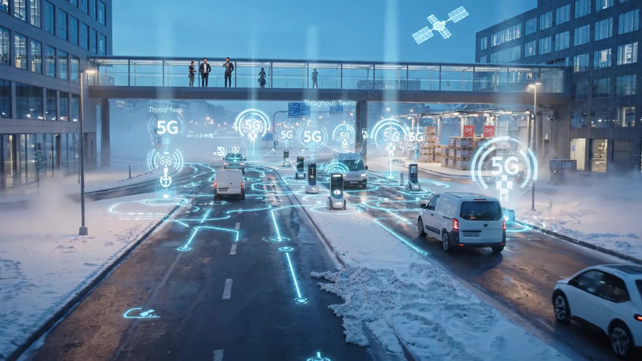 Paesaggio urbano intelligente futuristico che mostra veicoli autonomi e connettività 5G su strade innevate, integrando comunicazione e tecnologia per il trasporto moderno.