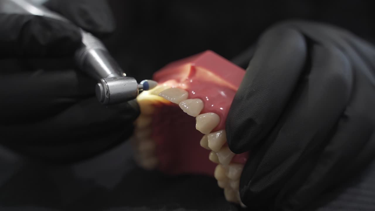 Close-up of a dental drill polishing a set of prosthetic teeth held by gloved hands