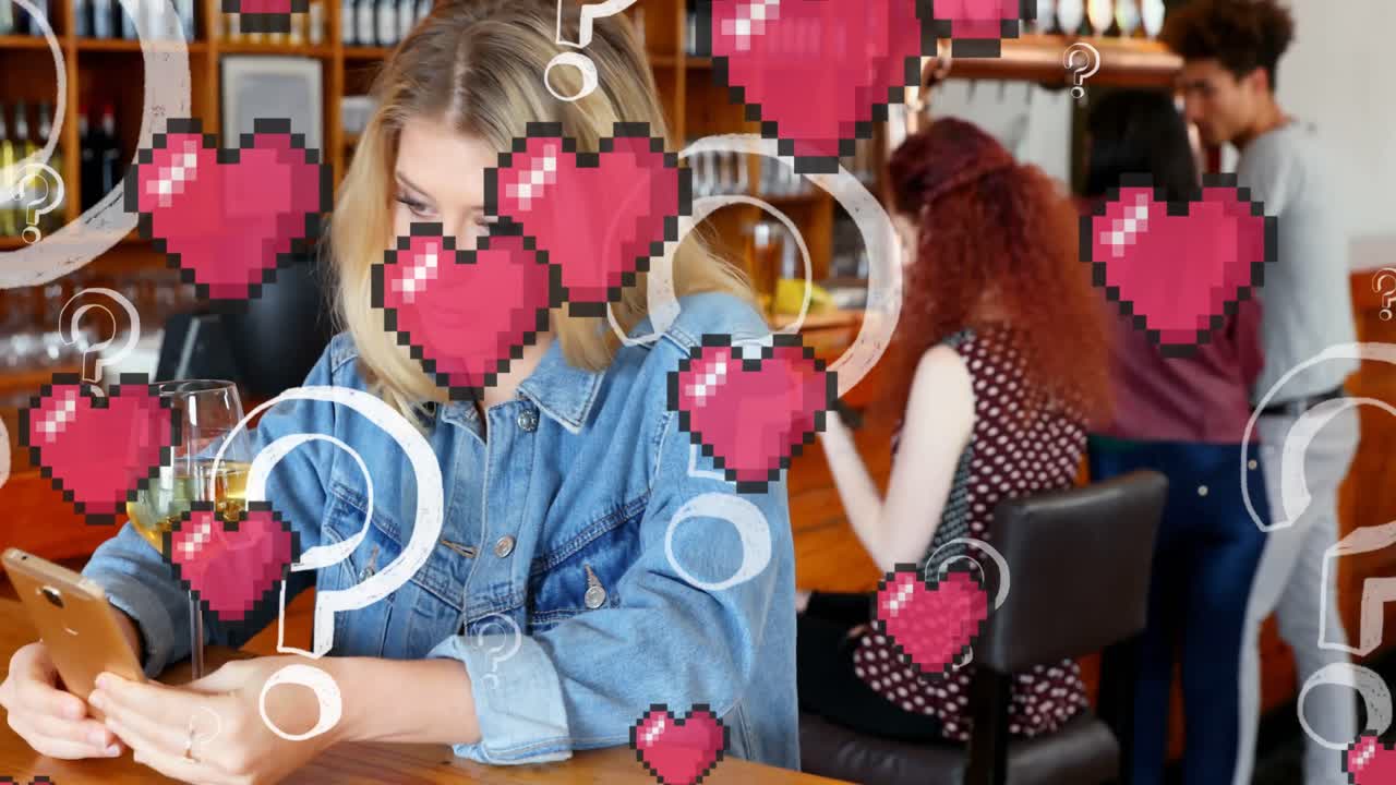 여러 개의 질문표와 심장 아이콘이 바에서 스마트폰을 사용하는 백인 여성에 대해 떠다니고 있습니다.