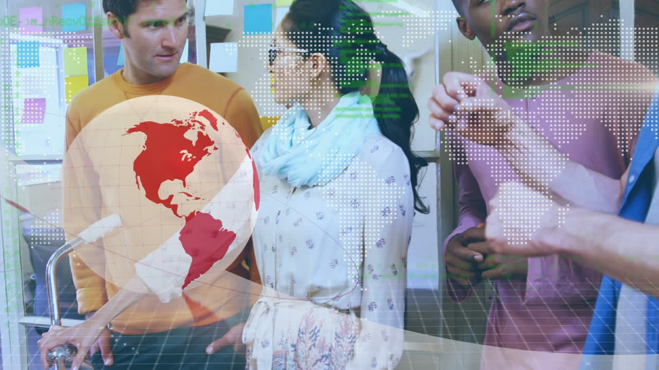 animación de procesamiento de datos y el mundo más feliz gente de negocios diversa