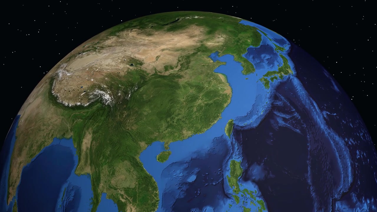 Digital animation zooms from space into Xiangtan China with a red marker and population statistics