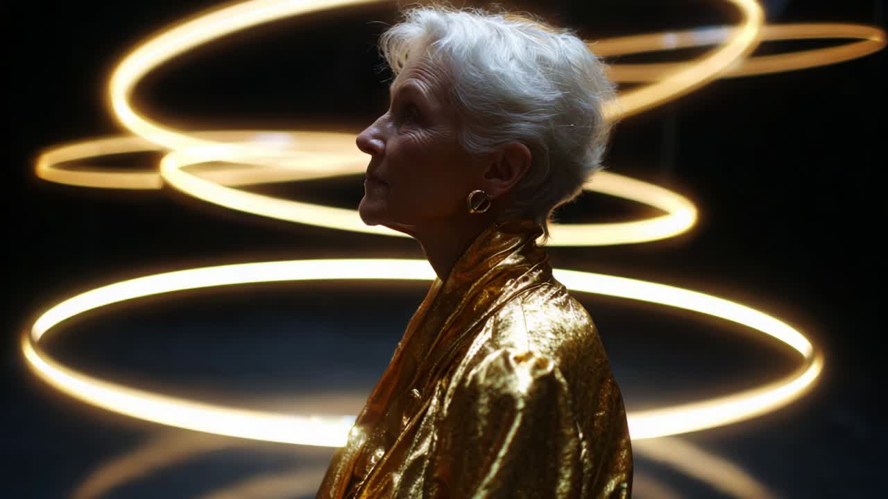 A Captivating Portrait of Elegance and Grace: A Woman in a Golden Cloak Stands Silhouetted Against Ethereal Rings of Light Creating a Mesmerizing Visual Experience of Beauty and Reflection