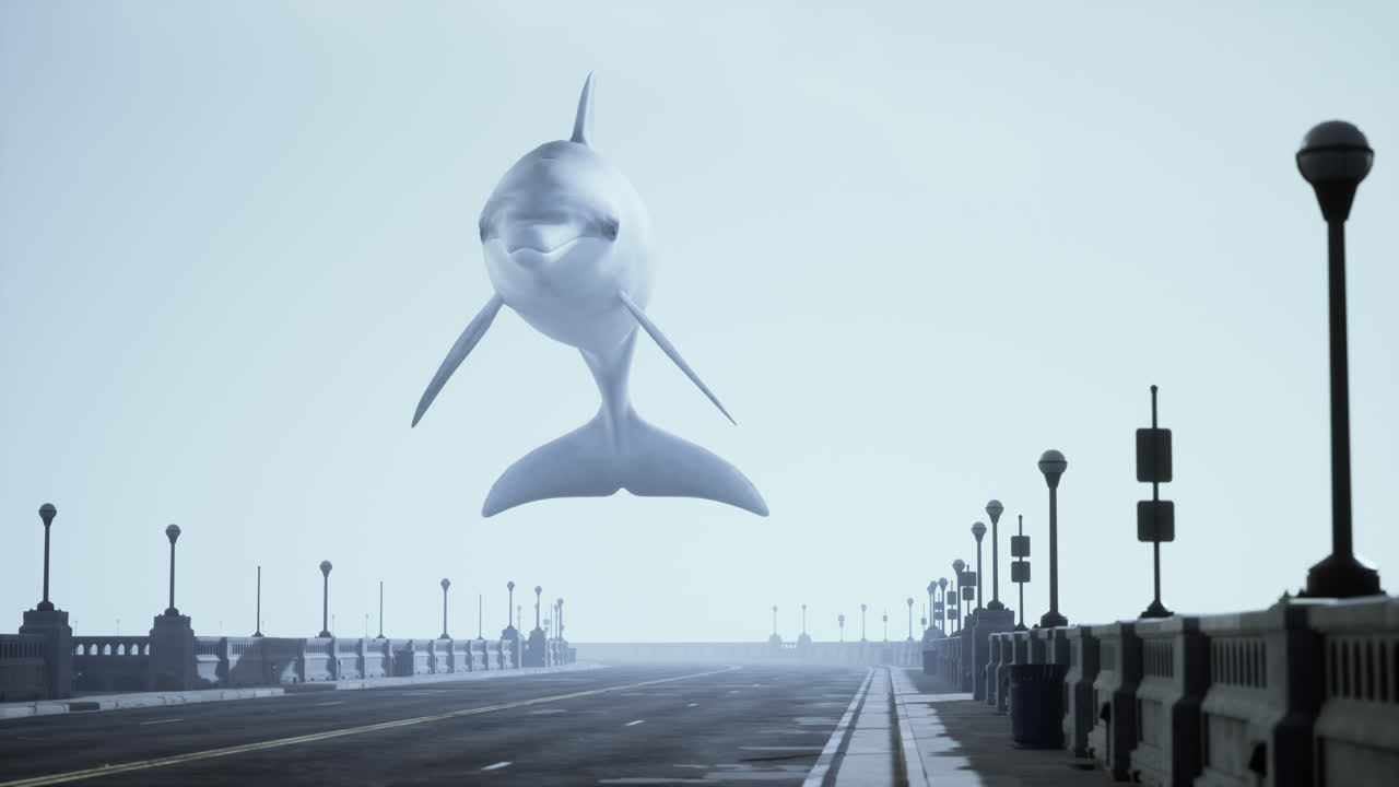 안개가 많은 도시 의 다리 를 뛰어넘는 돌고래