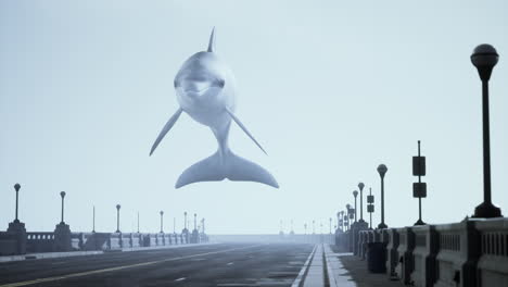 a dolphin leaping over a bridge in a foggy city