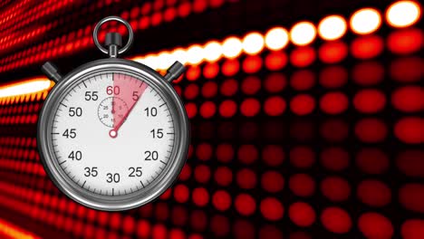 Animation-of-ticking-analogue-stopwatch-with-rows-of-red-led-lights-moving-in-background