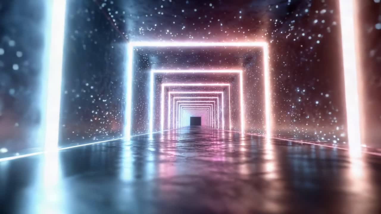 A Hypnotic Passageway Glowing with Neon Lights and Sparkling Particles Leading Into a Mysterious Depth, Captivating the Viewer with Its Enigmatic Atmosphere