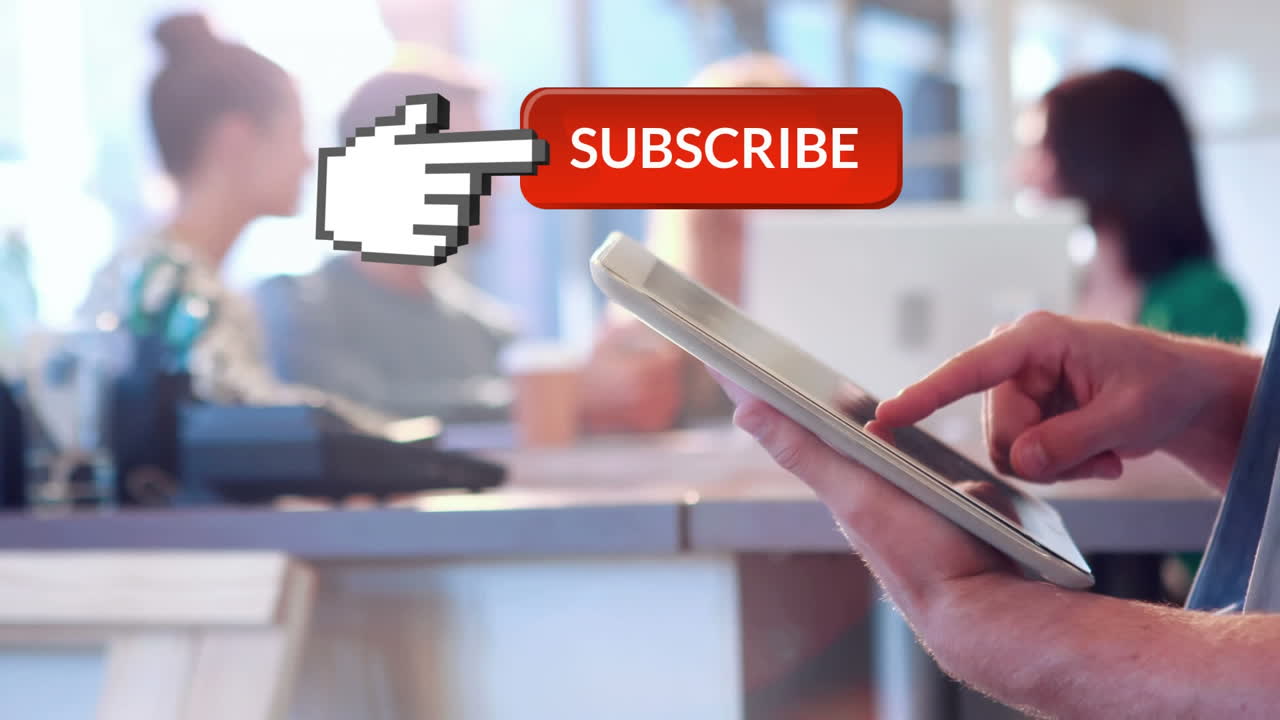 Man using a tablet and a subscribe button for social media