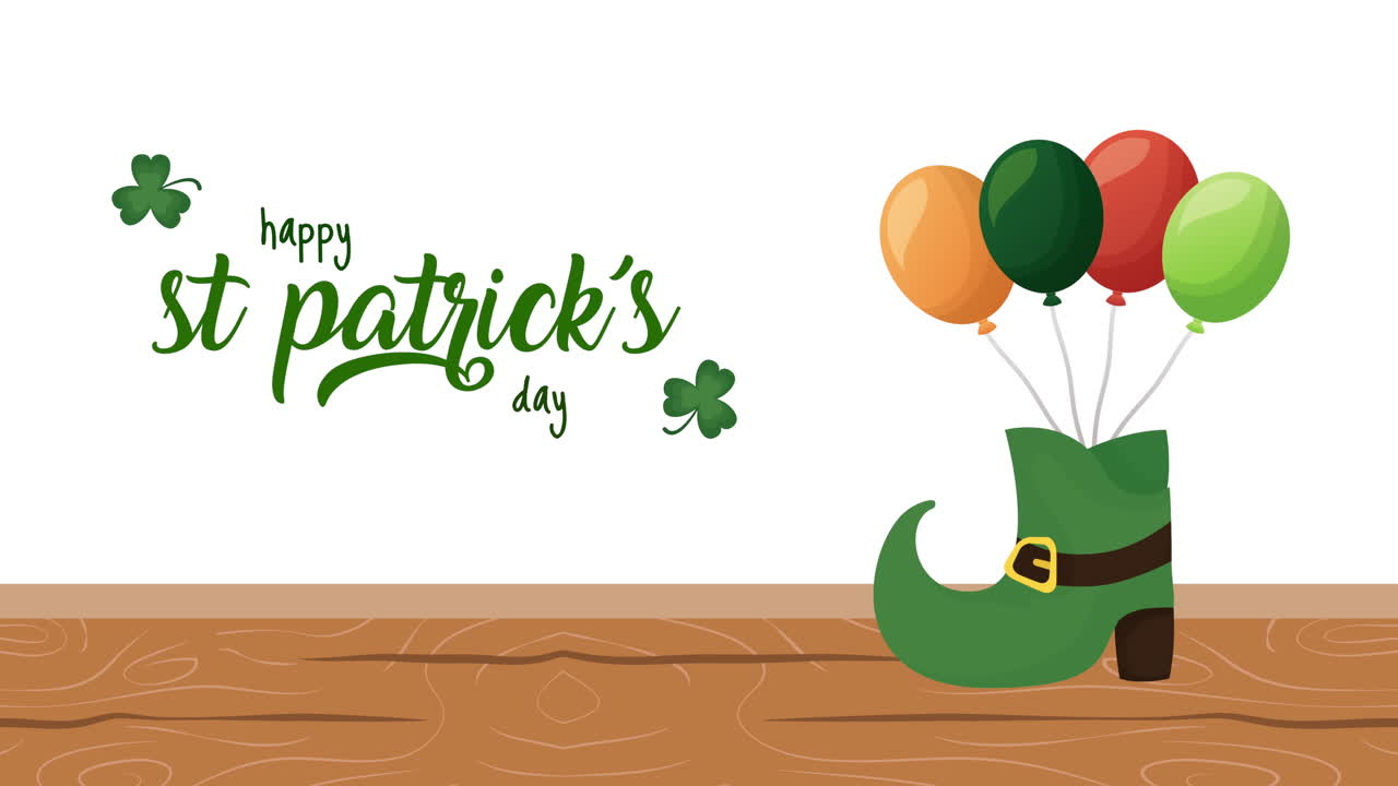st patricks day animated card with elf boot and balloons helium