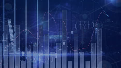 Animación-Del-Procesamiento-De-Datos-Estadísticos-Y-Estelas-De-Luz-Azul-Frente-A-La-Vista-Del-Paisaje-Urbano