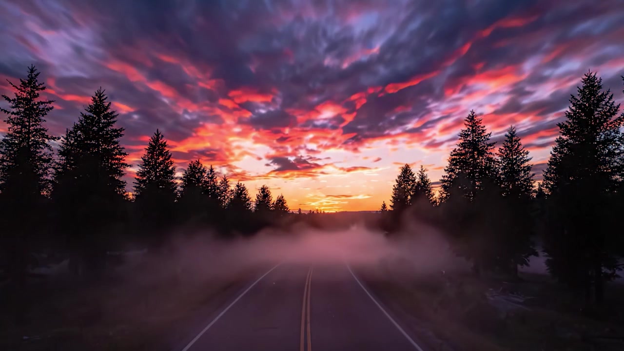Transition from Daylight to Nightfall: Captivating Natural Landscape Showcasing a Scenic Road Framed by Lush Trees Beneath a Dramatic Sky of Changing Colors and Stars
