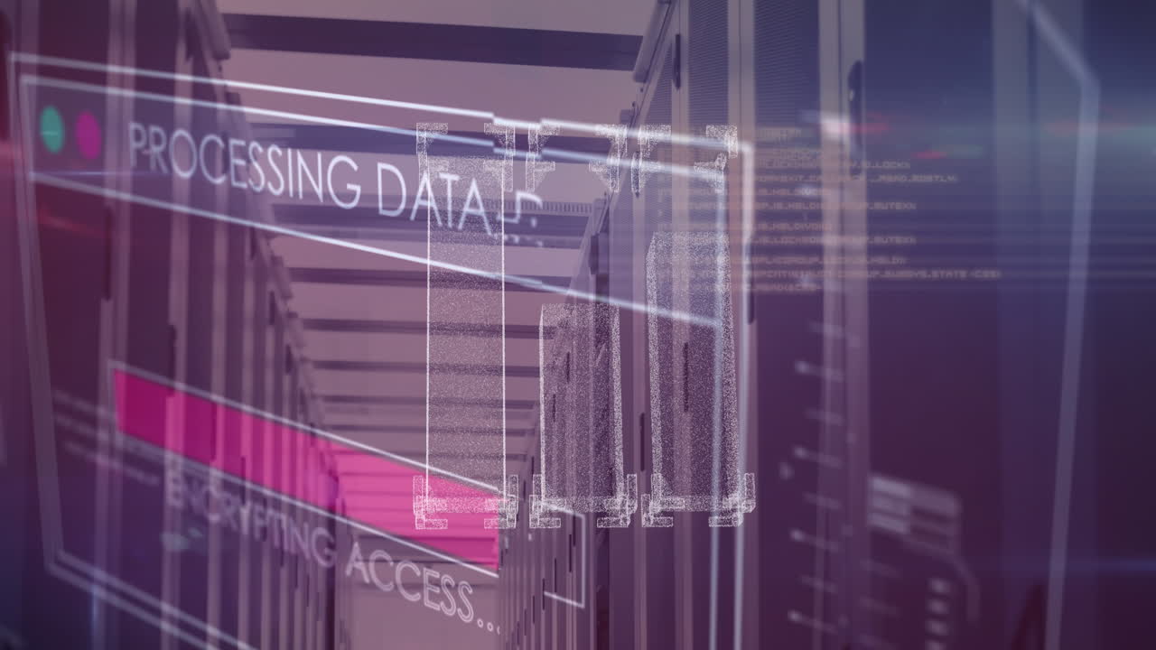 animación del procesamiento de datos y diagramas sobre la sala del servidor