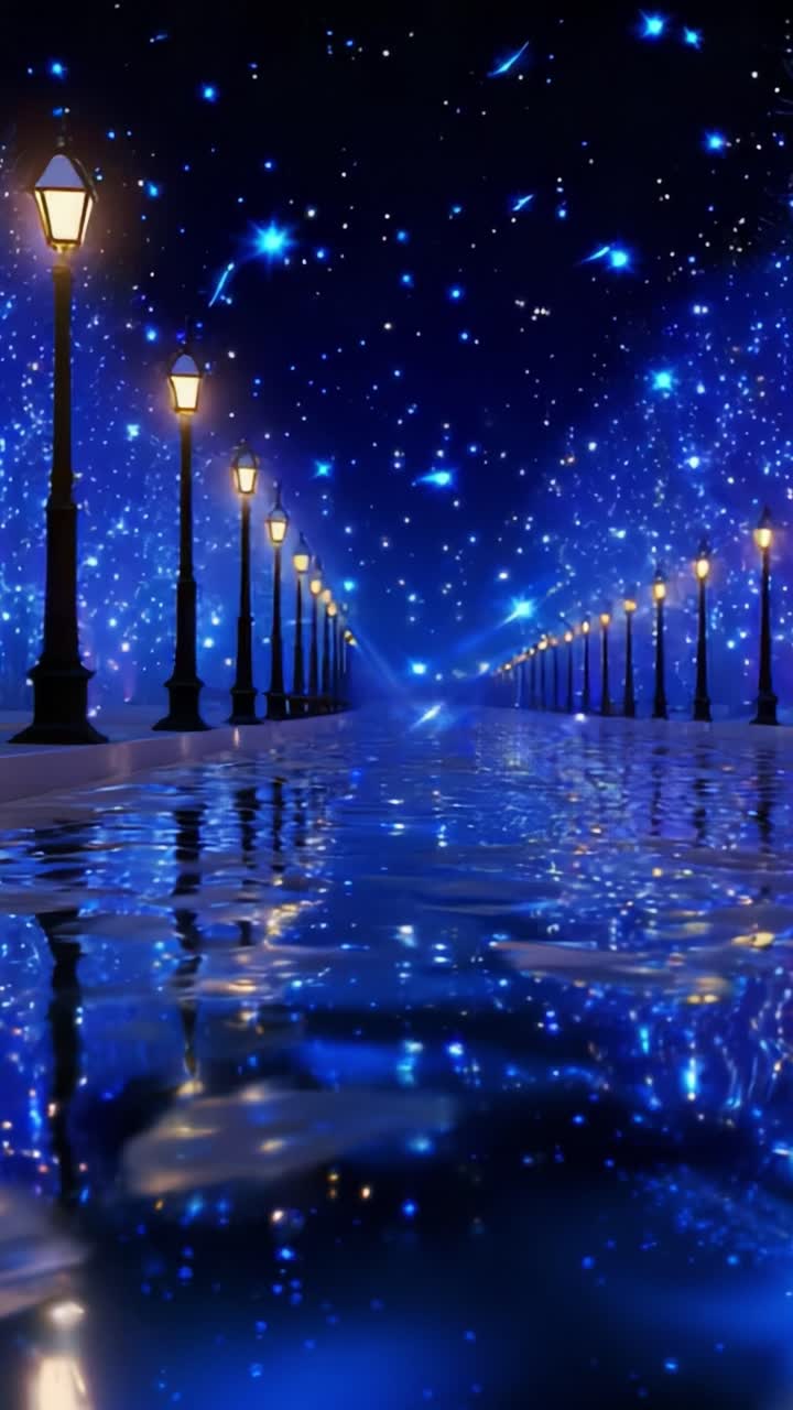 A mesmerizing view of a starry night sky reflected on a tranquil water surface surrounded by elegant street lamps, creating a dreamlike atmosphere of serenity and beauty in deep blue hues