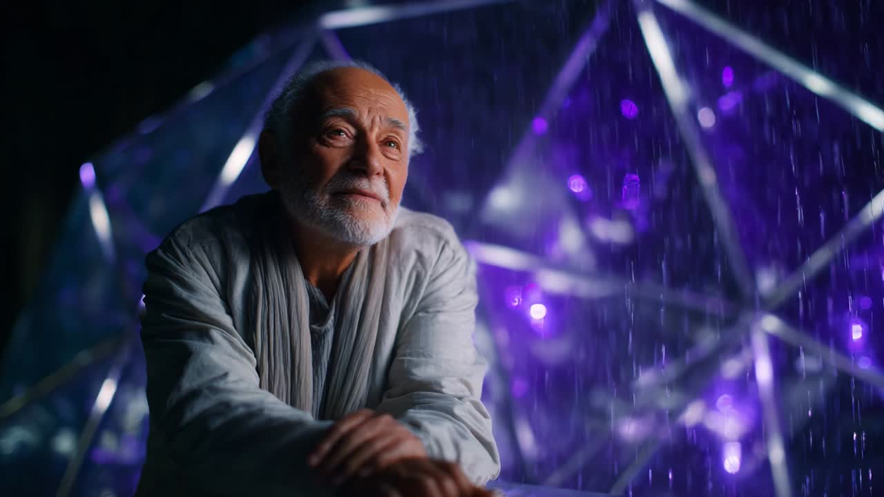 An elderly figure reflects thoughtfully against a backdrop of vibrant purple lights and shimmering geometric structures, embodying wisdom and serenity amidst a captivating, futuristic atmosphere