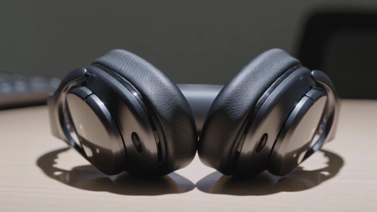 Pushing camera sharpening focus on headset on wood desk, showing gloss, with blurred keys and chair
