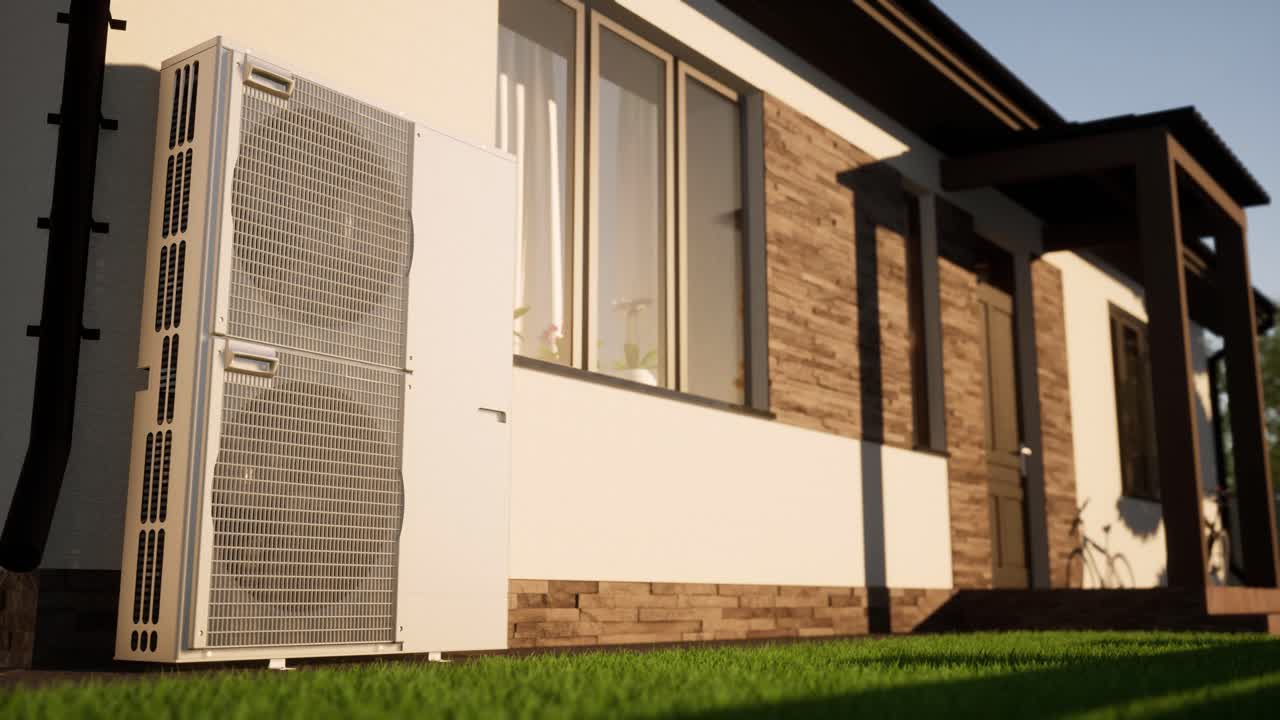técnico de hvac instala sistemas de calefacción, ventilación y aire acondicionado. animación en 3d de la bomba de calor