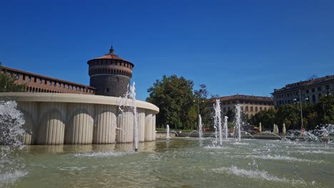 Close-up-view-of-the-beautiful-Fountain-of-Piazza-Castello-at-Sforza-Castle,-Milan