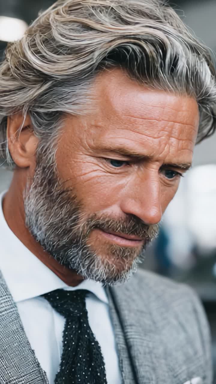 Primo piano accattivante di un gentiluomo distinto con capelli grigi e uno sguardo carismatico, che trasmette un senso di sicurezza ed eleganza in un ambiente formale