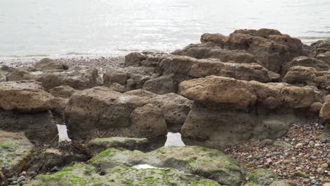 Volcanic-beach,-camera-moving-left-to-the-right-showing-the-mossy-beach