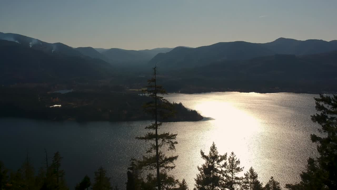 un dron disparó casi volando hacia un árbol con vista al lago y a la montaña al atardecer