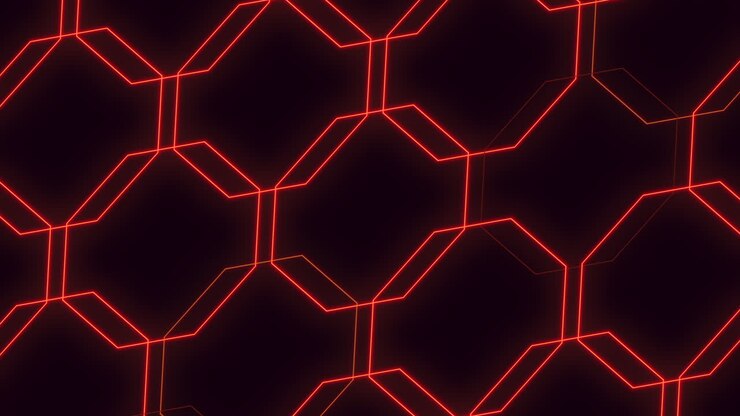 Futuristic hexagonal pattern with glowing red lines forming a striking visual design. The arrangement evokes a sense of symmetry and complexity