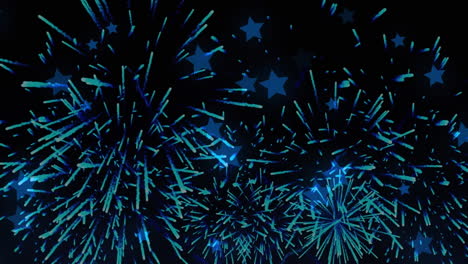video generado digitalmente de fuegos artificiales explotando y estrellas moviéndose contra un fondo negro
