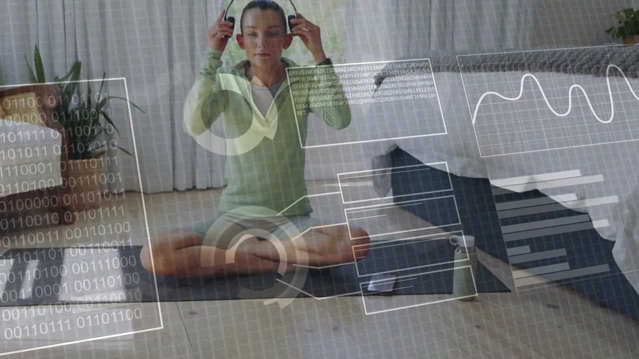 Woman entering mat, picking up device, wearing headset, activating wellness charts and binary UI